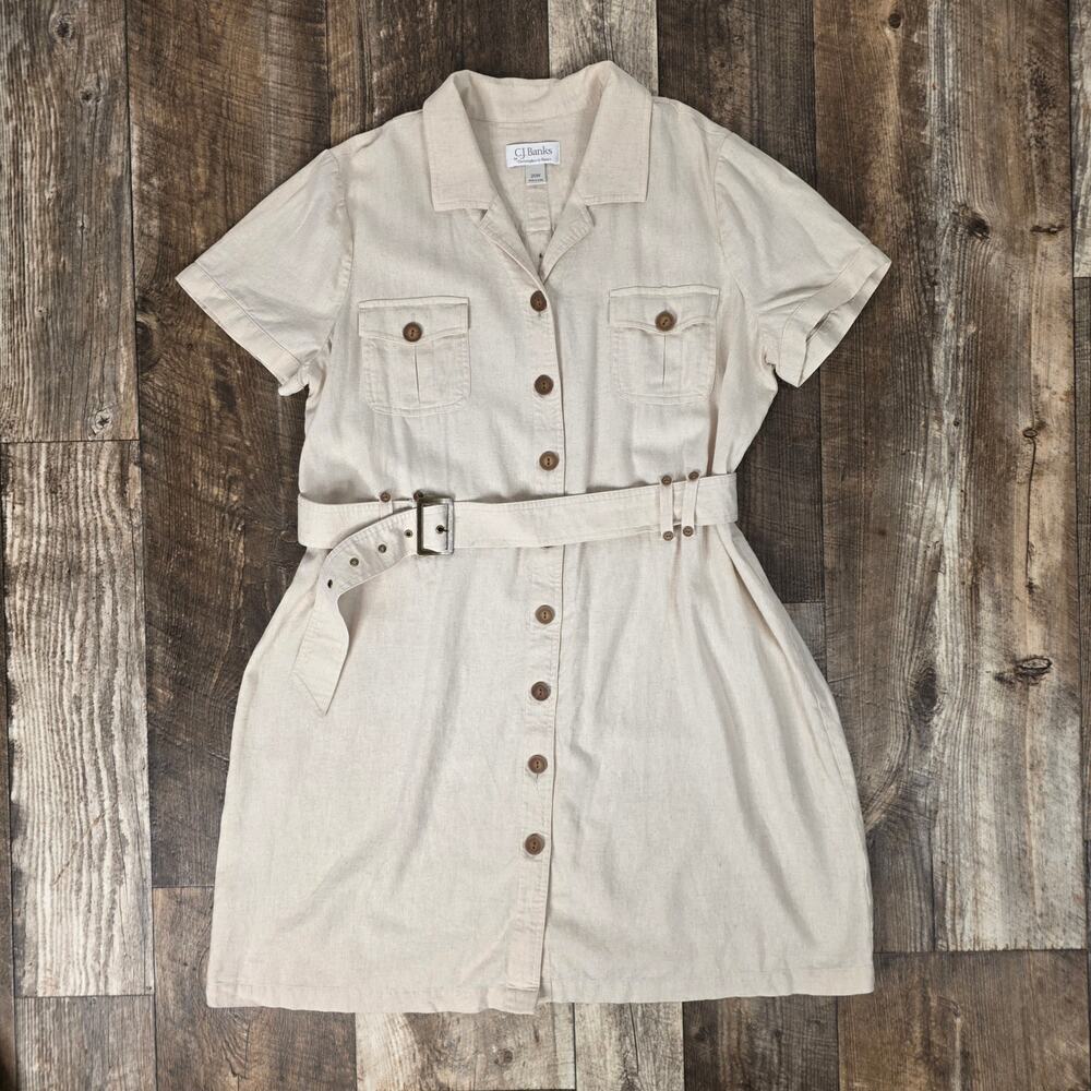 Linen Blend Shirt Dress Safari Utility Belted Plus Size 20W Minimalist Costal